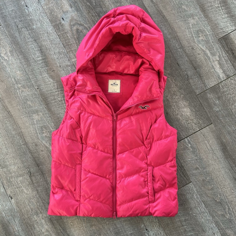 Y2K Hollister Vest Womens L Pink Hooded Quilted Insulated Puffer Down Jacket
